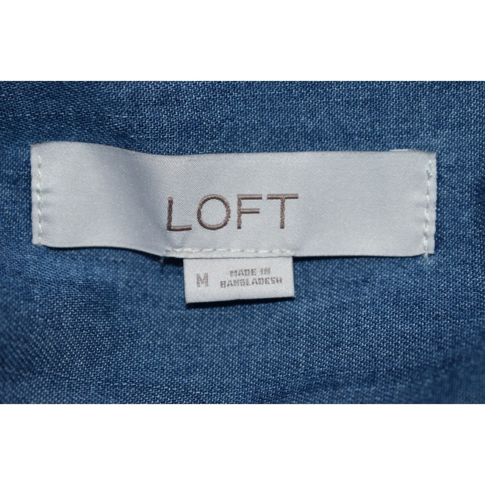 Loft‎ MEDIUM Denim Chambray Blue Shirt Dress Chest Pockets Long Slv 100% Cotton - Picture 7 of 16